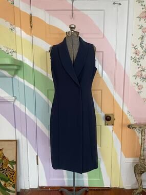 MM LaFleur Size 8 Navy Sleeveless Blazer Vest Dress Shawl Collar Career